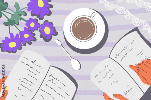 Flat-lay table with morning coffee or tea, books, flowers, lace. Breakfast time. Morning. Vector flat style illustration