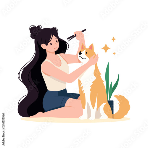 Pet Grooming. Girl character with comb and cute shaggy dog. Vector illustration isolated on white.