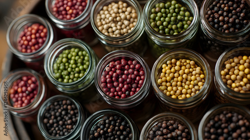 Wallpaper Mural A vibrant and colorful array of mixed peppercorns in small glass jars, each jar showcasing a different type of peppercorn on a wooden surface. Torontodigital.ca