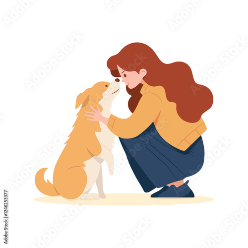 Happy dog pet and girl person. Cute character friend cartoon style. Dog Day, World Animal Day. Vector illustration isolated on white.