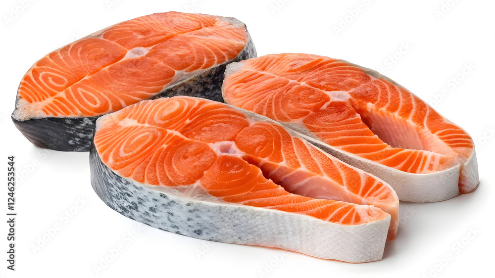 Fresh Salmon Steaks with White Marbling Patterns Isolated on White Background Vibrant Orange Skin-on