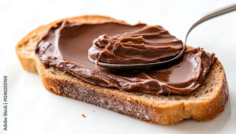 Chocolate spread on toast, spoon, white background, breakfast Chocolate spread on toast, spoon, white background, breakfast