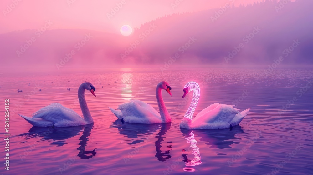 Fototapeta premium Serene sunset over a tranquil lake with swans gracefully swimming in soft pink hues