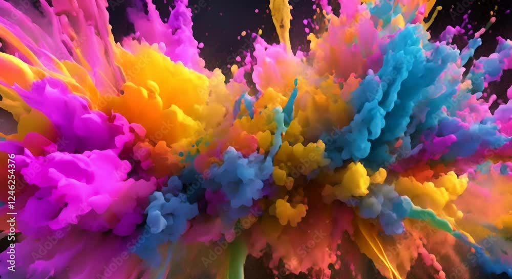 Explosion of bright colorful paint on black background burst of multicolored powder abstract pattern of colored dust splash Video 4K