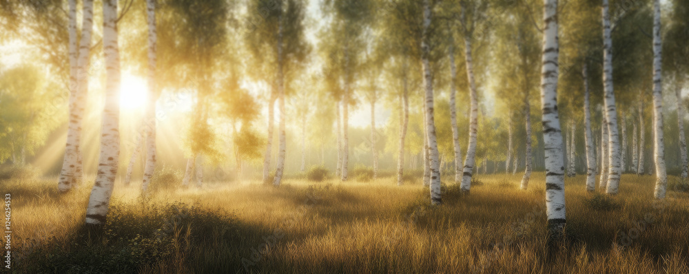 Obraz premium Sunlit Birch Forest at Sunrise