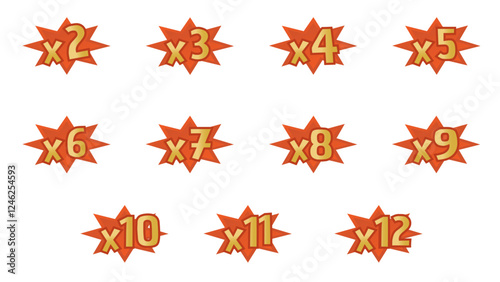 Multiplication bonus vector game elements with numbers x2 to x12 on orange gradient starburst background