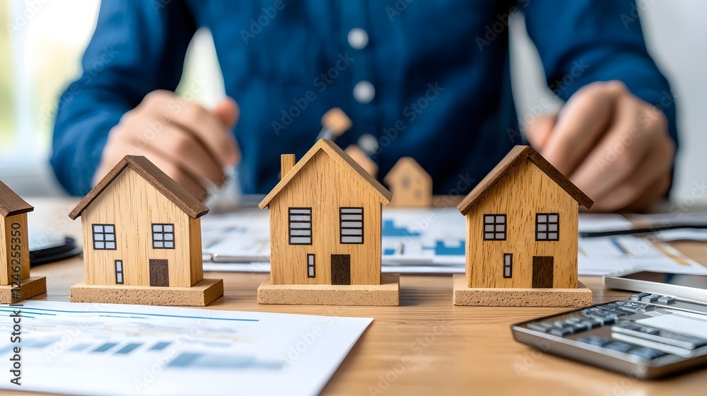 A professional real estate workspace featuring housing models on a desk symbolizing development strategy and planning for the property market and industry A professional real estate workspace featuring housing models on a desk symbolizing development strategy and planning for the property market and industry