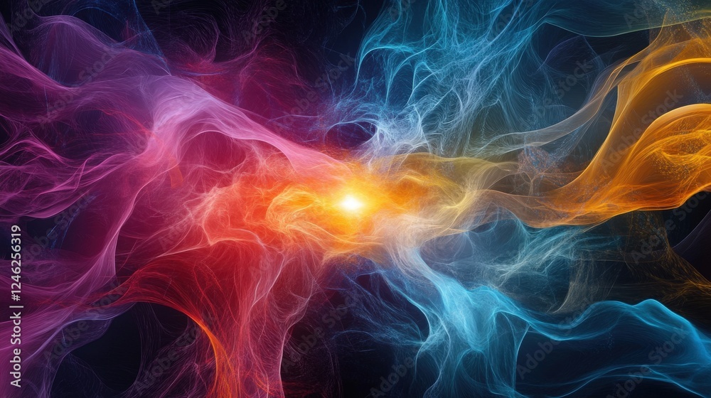 An abstract representation of AI decision-making, with colorful flowing data streams merging into a central glowing core An abstract representation of AI decision-making, with colorful flowing data streams merging into a central glowing core