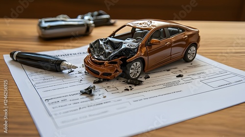 Obraz na płótnie A toy car with severe front end damage placed on insurance paperwork symbolizing the steps in filing an auto accident claim and the process of seeking coverage and financial protection w salonie