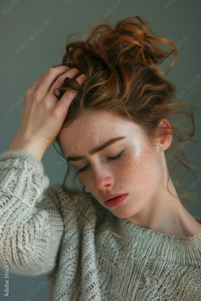 moment of stress and overstimulation, young woman cradles her head, reflecting mental toll of hyper connected and demanding world