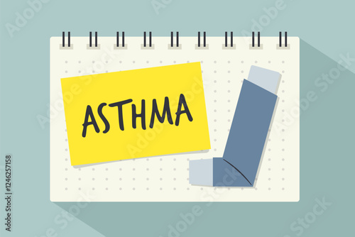 asthma written on the yellow sticky note and inhaler icon; concept of asthma awareness, medical treatment, and respiratory health management - vector illustration