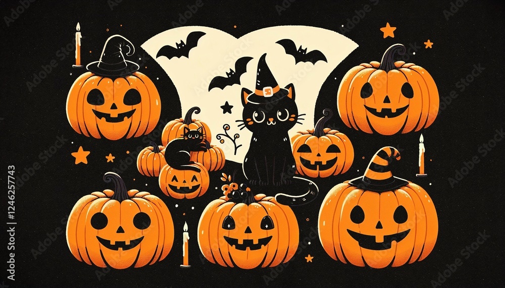 Halloween black cat with jack-o-lanterns and stars. A festive Halloween illustration featuring a black cat wearing a witch's hat, surrounded by multiple jack-o-lanterns. Halloween black cat with jack-o-lanterns and stars. A festive Halloween illustration featuring a black cat wearing a witch's hat, surrounded by multiple jack-o-lanterns.