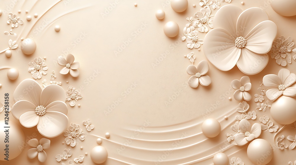 Fototapeta premium Beige floral background, pearls, swirls