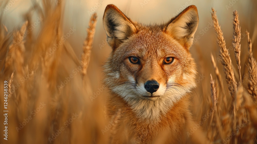 Fototapeta premium Coyote in tall grass at sunset, wildlife scene