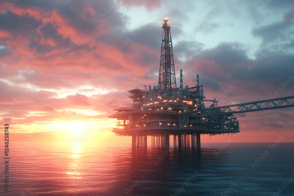 Gas production station at sea during sunset Gas production station at sea during sunset
