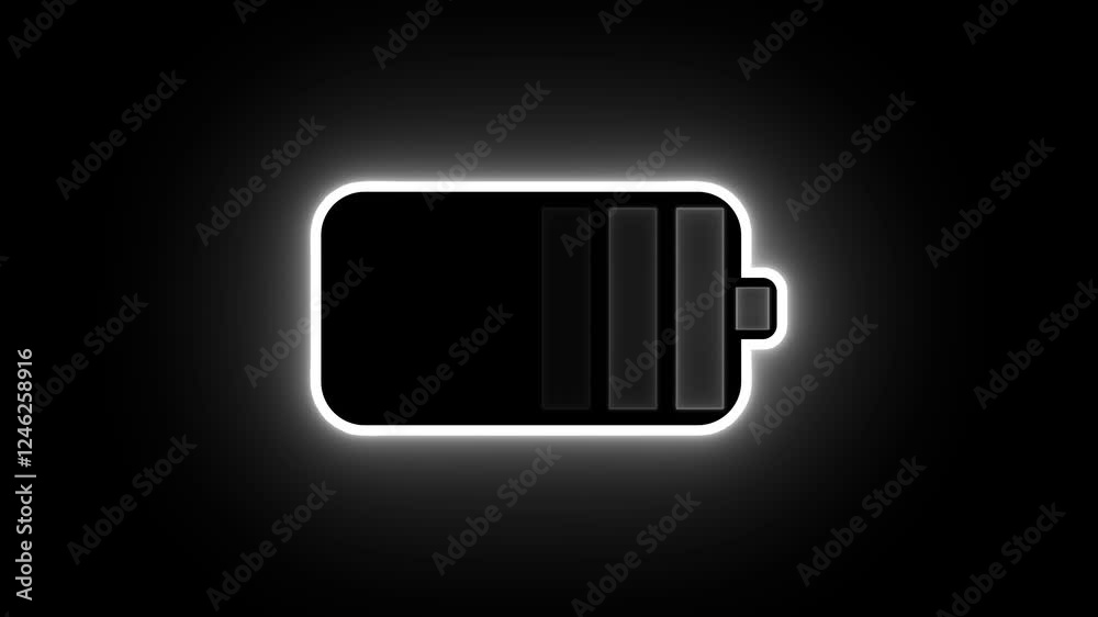 Neon battery fast charging animation. Shiny flash animated battery icon on black background.