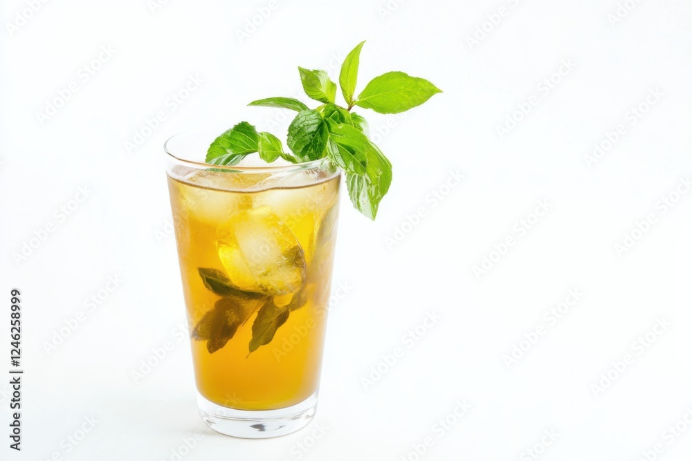 Refreshing iced matcha drink served in a clear glass with fresh herbs and ice on a bright background Refreshing iced matcha drink served in a clear glass with fresh herbs and ice on a bright background