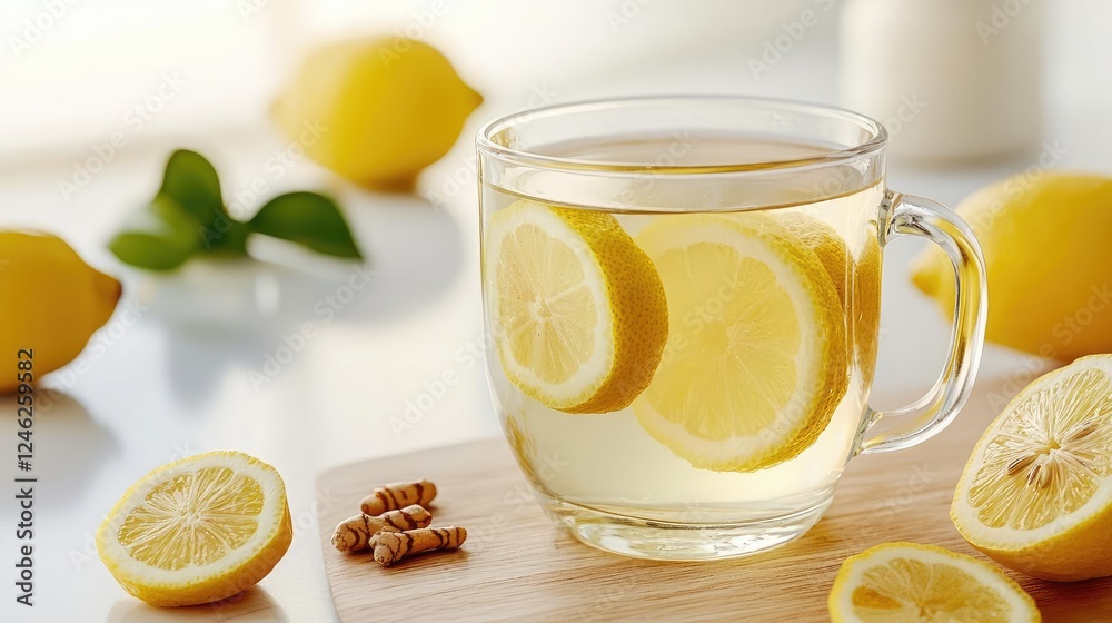 Wellness dining healthy detox concept. Detoxifying warm lemon water with cayenne and turmeric in a glass cup Wellness dining healthy detox concept. Detoxifying warm lemon water with cayenne and turmeric in a glass cup