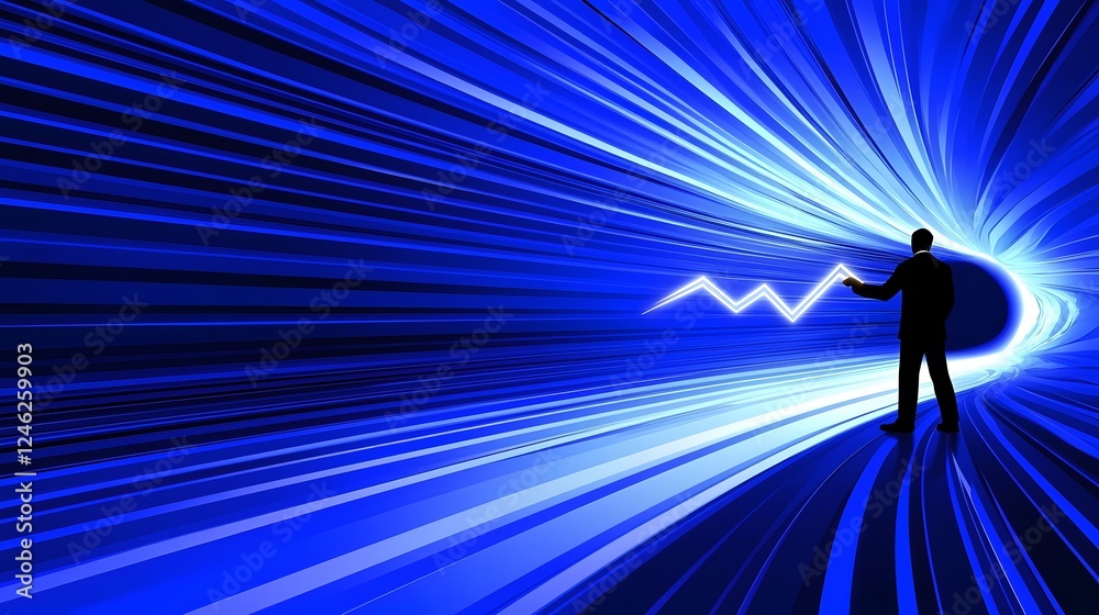 Businessman Guiding Radiant Business Growth Graph in Futuristic Blue Lit Environment Concept of Success Development and Expansion Strategy Businessman Guiding Radiant Business Growth Graph in Futuristic Blue Lit Environment Concept of Success Development and Expansion Strategy