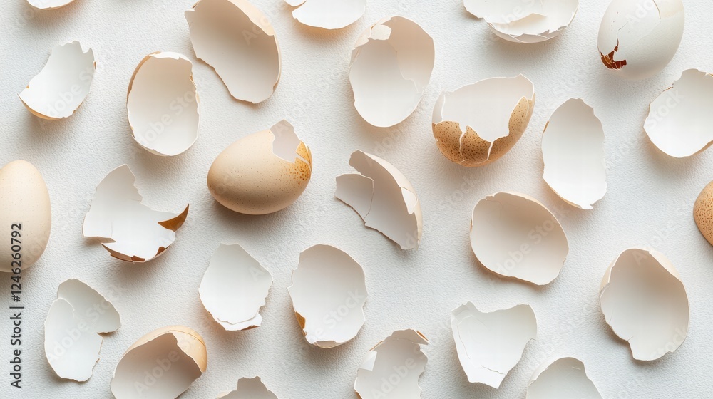 Cracked eggshells on white a minimalist flat lay design Cracked eggshells on white a minimalist flat lay design