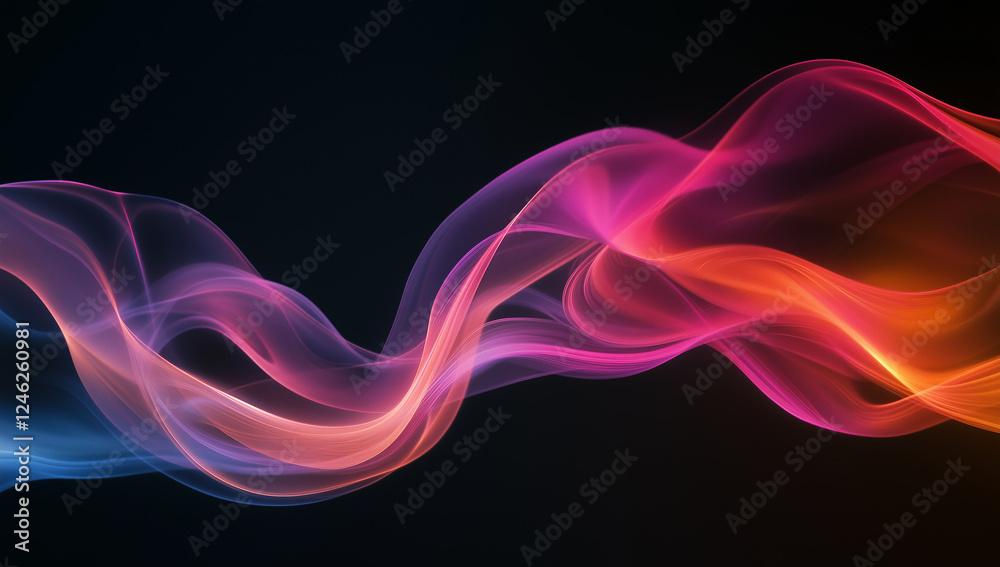 Obraz premium An abstract multicolored wave pattern flowing smoothly against a deep black background. The vibrant, fluid curves create a dynamic and futuristic visual, perfect for digital art, modern design