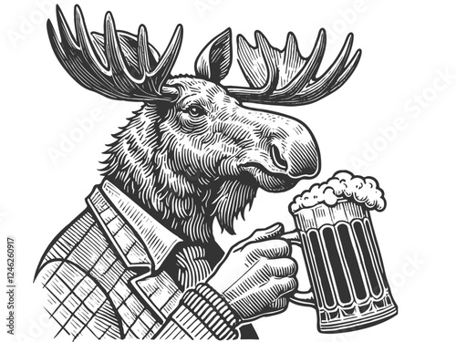 Moose Drinking Beer engraving vector illustration