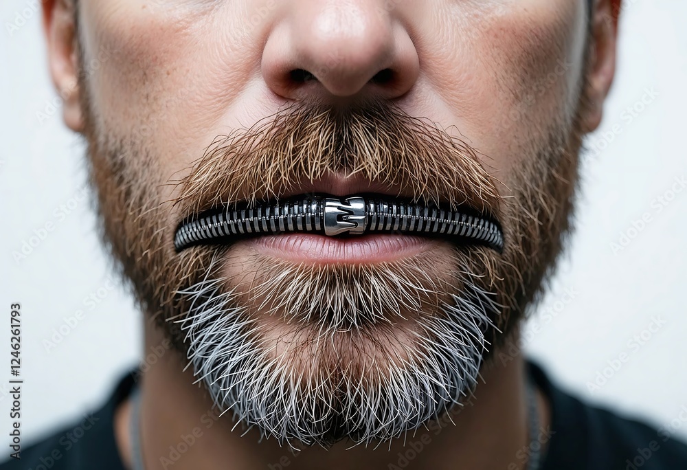 Obraz premium Close-up of a Caucasian man's mouth with a zipper, symbolizing censorship and restricted speech.