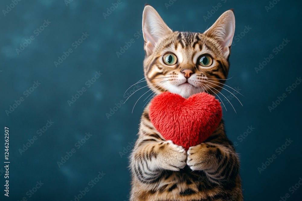 Ocicat - my cherished cat. Promotion idea. Cute ocicat feline infant with fluffy red heart - symbol of love, funny greeting card. Cute kitten february photo. Romantic animal valentine's. Ocicat - my cherished cat. Promotion idea. Cute ocicat feline infant with fluffy red heart - symbol of love, funny greeting card. Cute kitten february photo. Romantic animal valentine's.