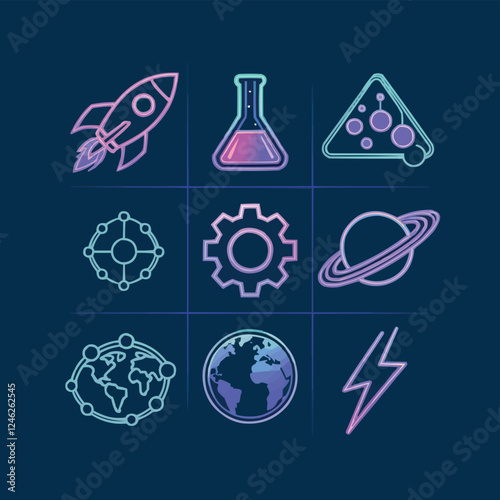 3x3 Grid of Futuristic Science Icons With Rocket, Flask, Gear & Planet