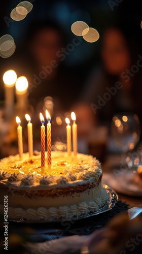 Warm birthday cake closeup with celebrants in the background photo