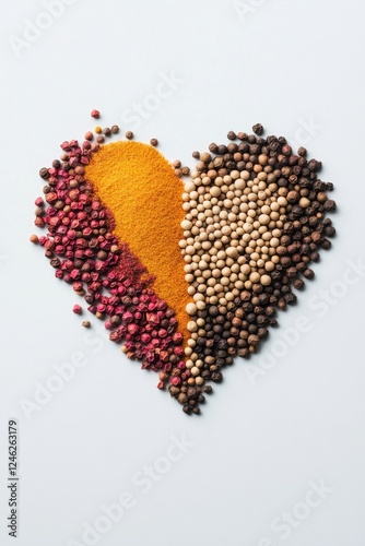 Creative arrangement of colorful spices in a heart shape showcasing culinary passion and dedication to flavor
