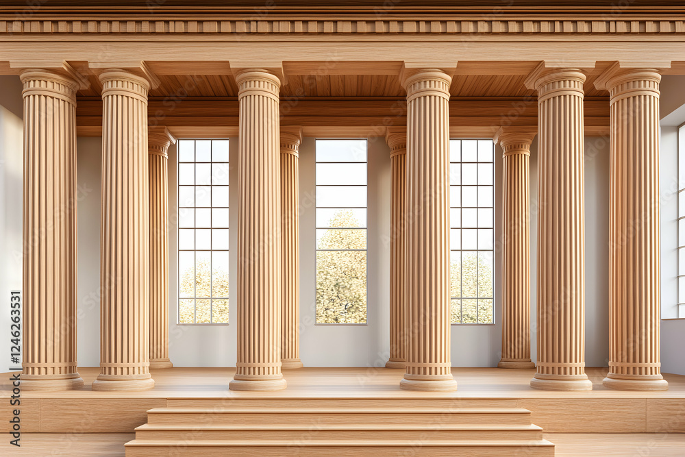 Obraz premium Elegant wooden columns in a grand hall, bathed in soft natural light streaming through large windows; architectural design; classical style.