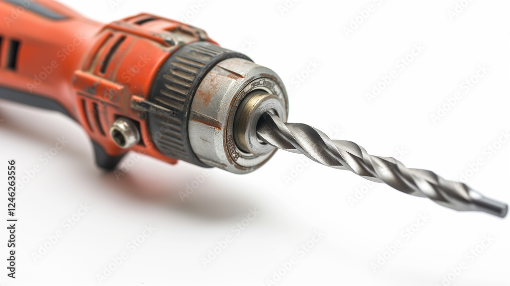 Orange power drill with a metal drill bit. Orange power drill with a metal drill bit.