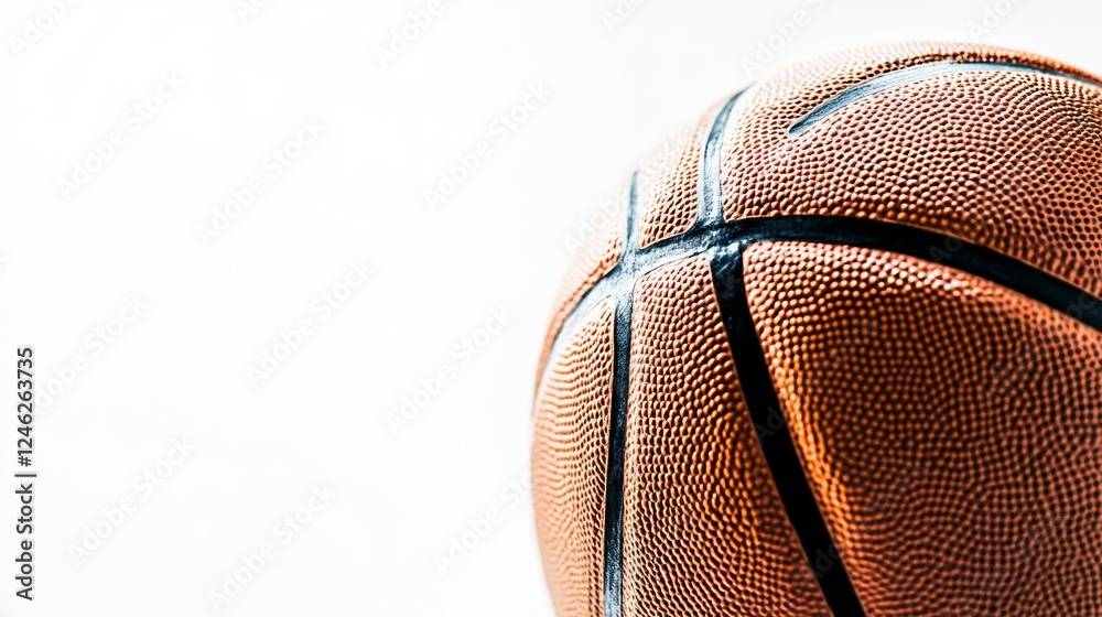 Close-up of a basketball on a white background, showing texture and detail. Close-up of a basketball on a white background, showing texture and detail.