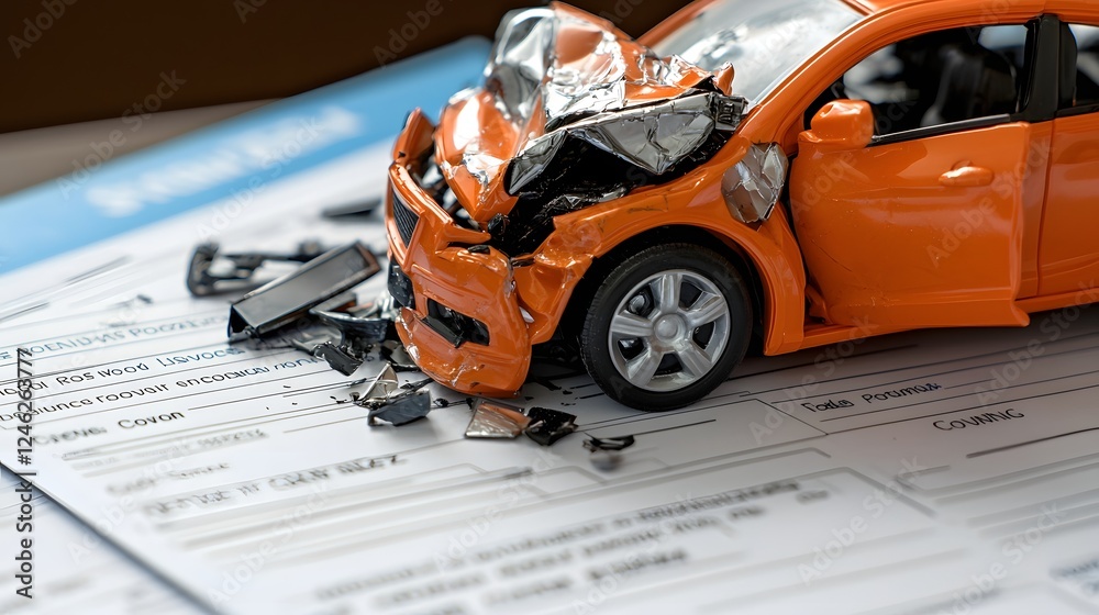 Conceptual image depicting an orange toy car with crash damage on top of insurance claim forms