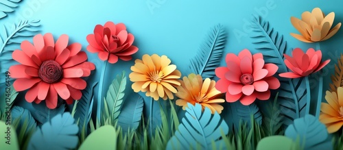 Paper flowers, blue backdrop, spring scene, greeting card
