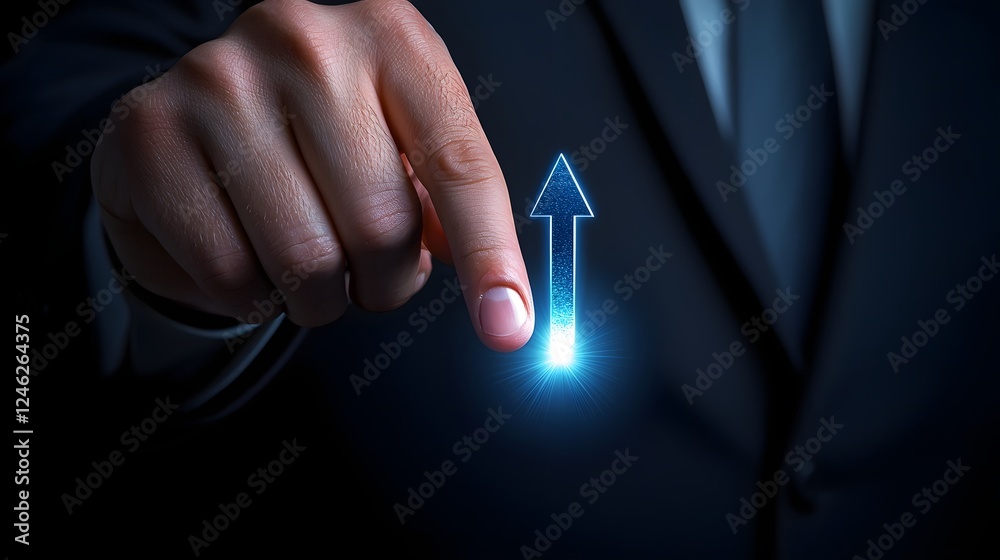Conceptual of dynamic business development and continuous growth showcased through a bright and glowing upward arrow graph under a businessman s finger symbolizing success progress