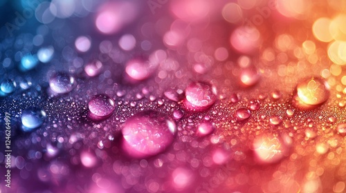 Colorful water drops on surface, bokeh background, macro shot, ideal for website or app design