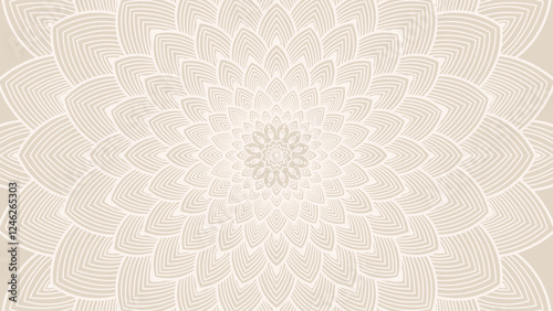 Round mandala on dreamy peach fuzz gradient background. Translucent mesh pattern in the form of a mandala. Mandala with floral patterns.Gradient background with round mandala.Vishal