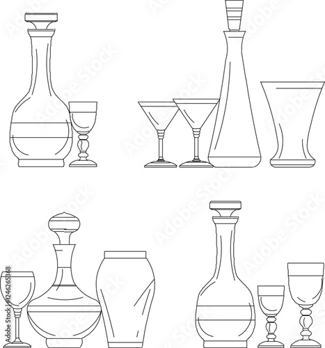 Vector illustration sketch design kitchen equipment accessories glasses for drinking in cafes and restaurants