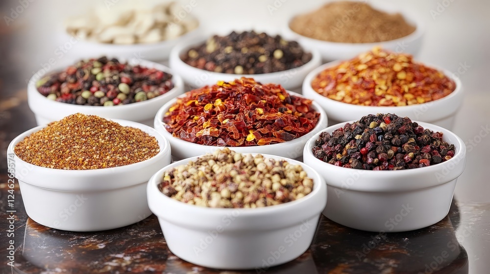 A variety of spices displayed in small bowls, showcasing vibrant colors and textures. A variety of spices displayed in small bowls, showcasing vibrant colors and textures.