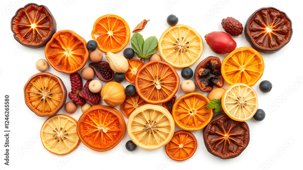 Mix of different dried fruits isolated on white background, top view, space for text. Generative AI Mix of different dried fruits isolated on white background, top view, space for text. Generative AI