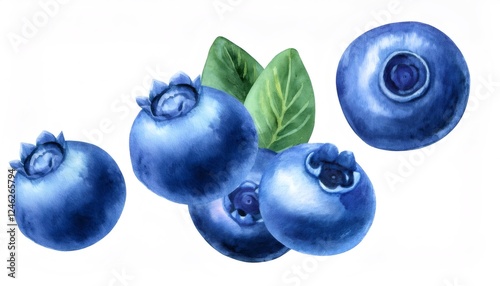 Watercolor Illustration of Fresh Blueberries with Leaves