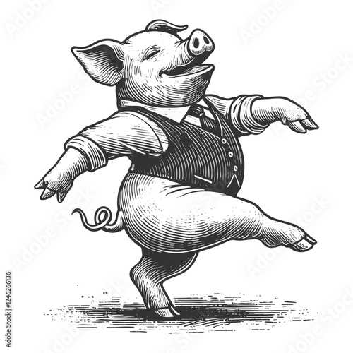 cheerful pig joyfully dancing on its hind legs, drawn in an engraved, woodcut style with fine details sketch engraving generative ai vector illustration. Scratch board imitation. Black and white image