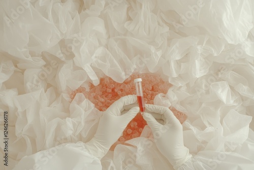 Minimalist Composition of a Nurse's Gloved Hands Holding a Blood Sample in a Laboratory Setting With a Blurred Background