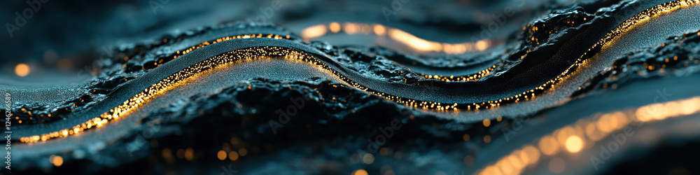Fototapeta premium Abstract Rendering: Undulating Dark Surface with Luminous Particles