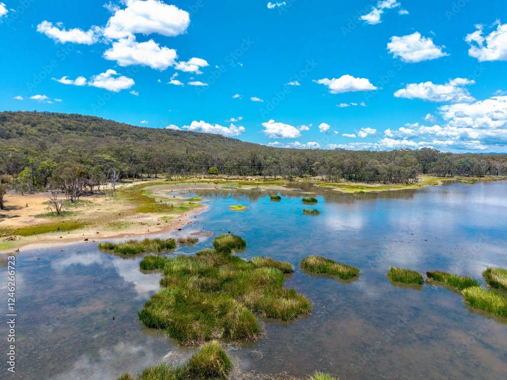 Aerial View landscape with lake and mountains, out near Emmaville, NSW, Australia Aerial View landscape with lake and mountains, out near Emmaville, NSW, Australia