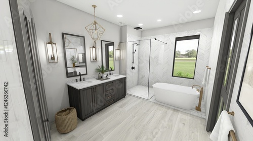 Modern bathroom design, spacious, natural light, luxury home, interior design.