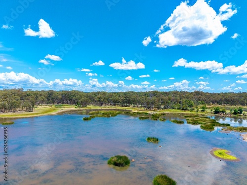 Aerial View of a landscape with lake and mountains, out near Emmaville, NSW, Australia  photo