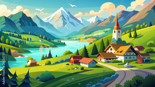 Idyllic Swiss nature landscape - green meadows surrounded by Alps mountains. Scenic lake Brienz, Iseltwald village